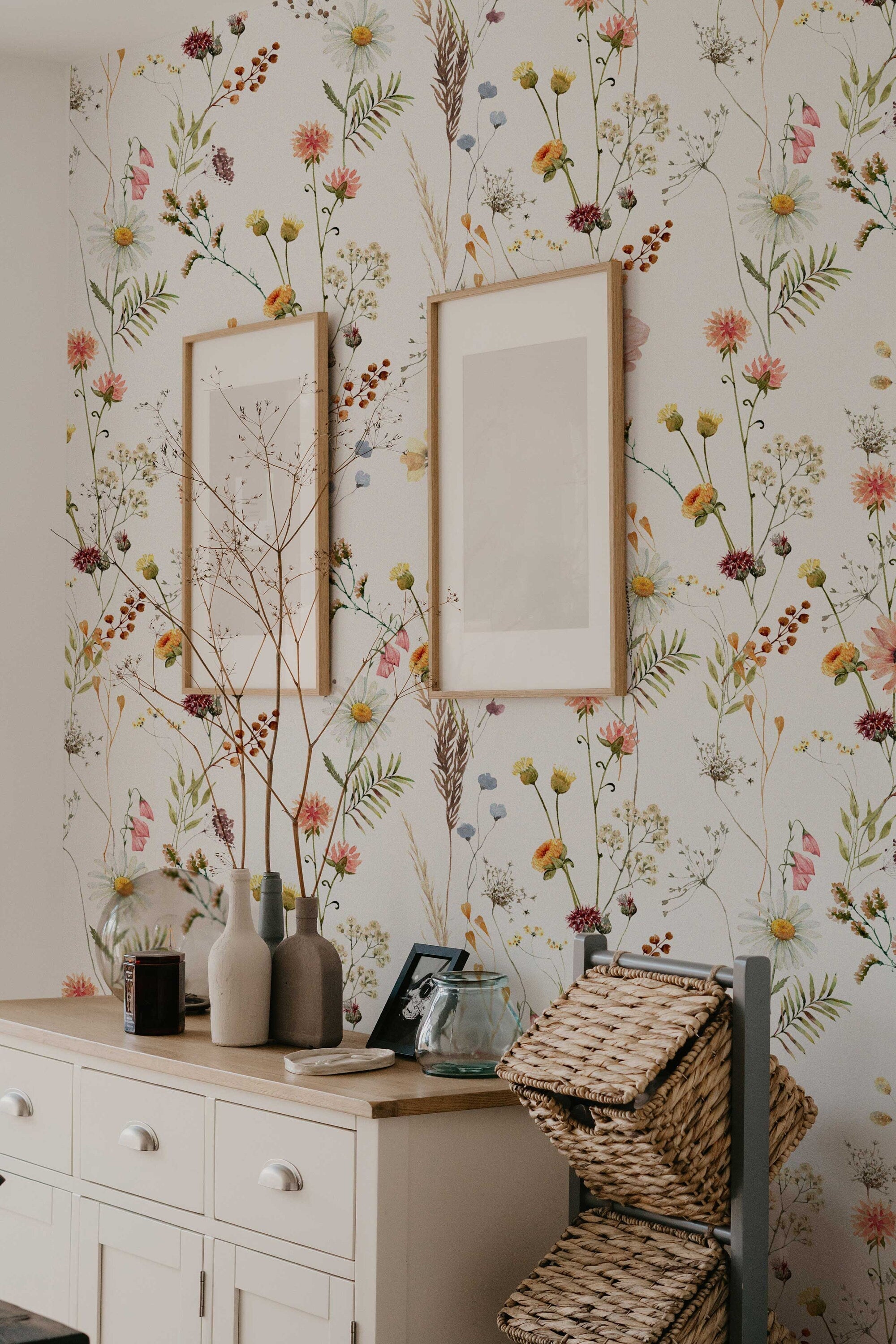 Watercolor Wild Flower Wallpaper | Soft Botanical Field Floral Wall Mural | Peel and Stick Little Florals with Grass Wallpaper