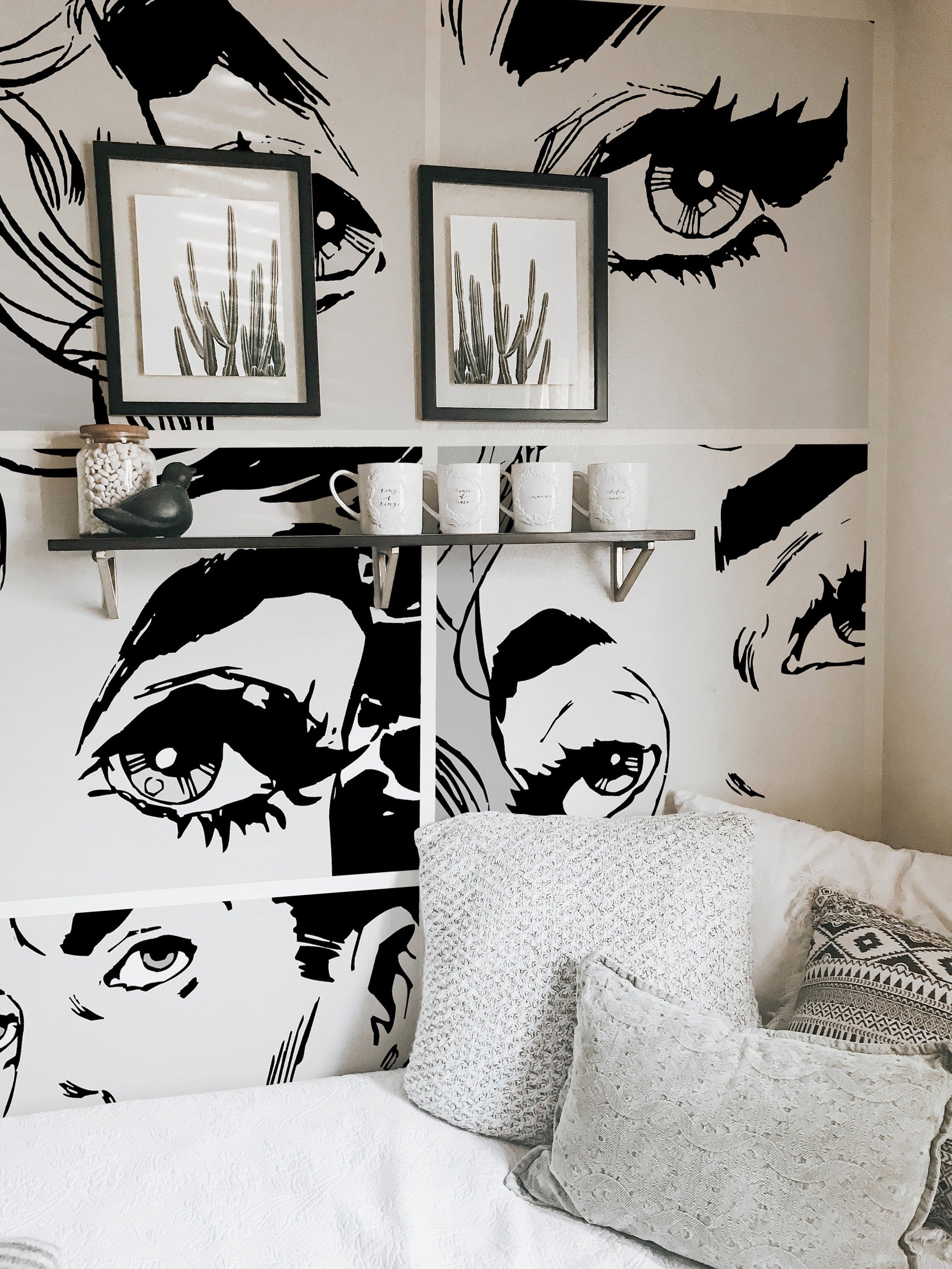 Black & White Pop Art Wall Mural, Self adhesive removable wallpaper, peel and stick, temporary wallpaper, wall art