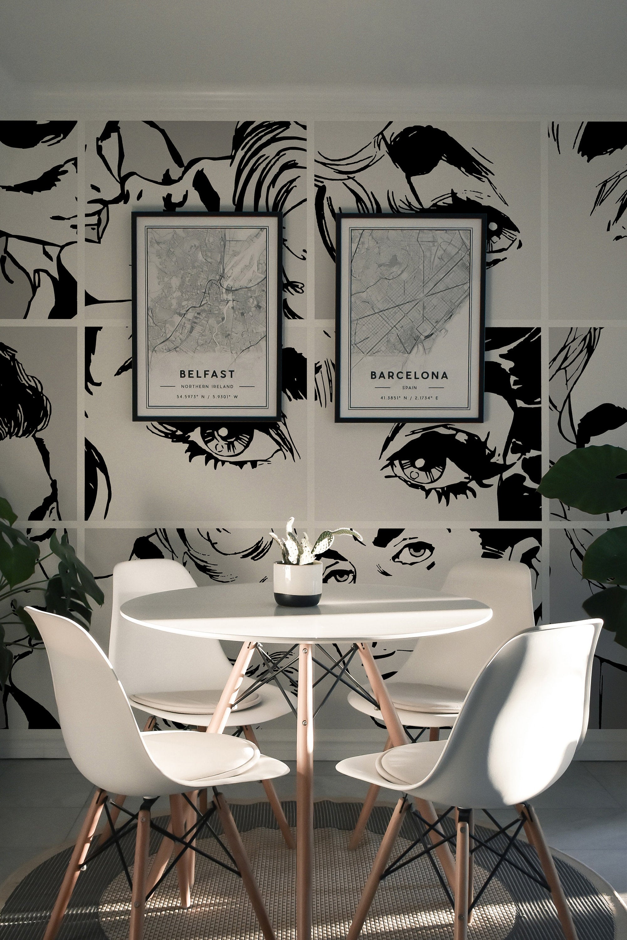 Black & White Pop Art Wall Mural, Self adhesive removable wallpaper, peel and stick, temporary wallpaper, wall art