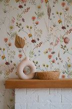 Watercolor Wild Flower Wallpaper | Soft Botanical Field Floral Wall Mural | Peel and Stick Little Florals with Grass Wallpaper