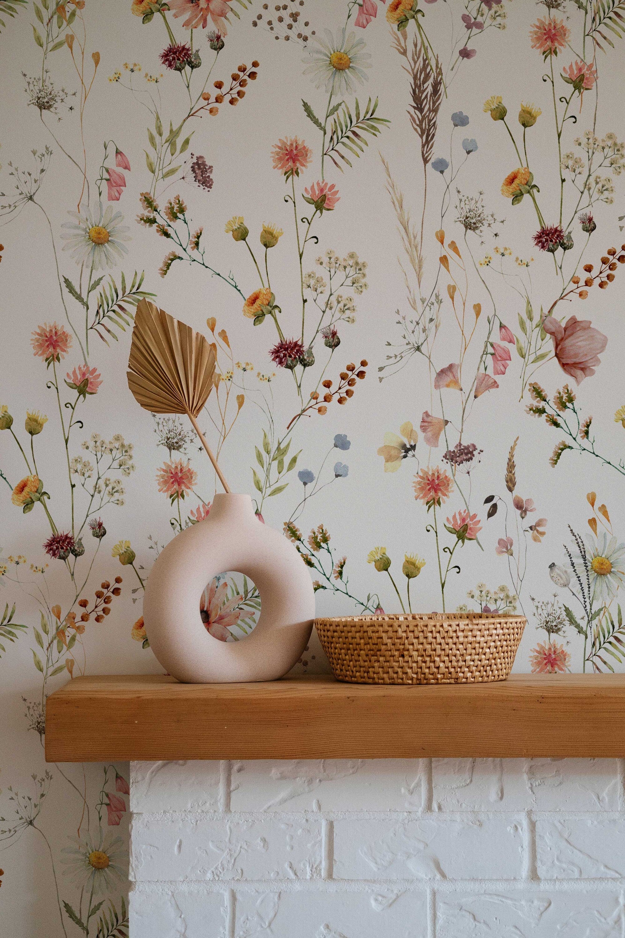 Watercolor Wild Flower Wallpaper | Soft Botanical Field Floral Wall Mural | Peel and Stick Little Florals with Grass Wallpaper