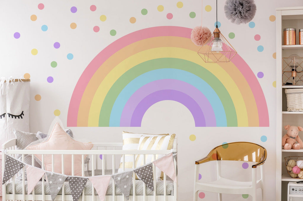 Large Rainbow Decal for Girl Bedroom, Gift Polka Dots Wall Stickers Kids, Pastel Rainbow Vinyl Sticker Playroom, Rainbow Nursery Decoration