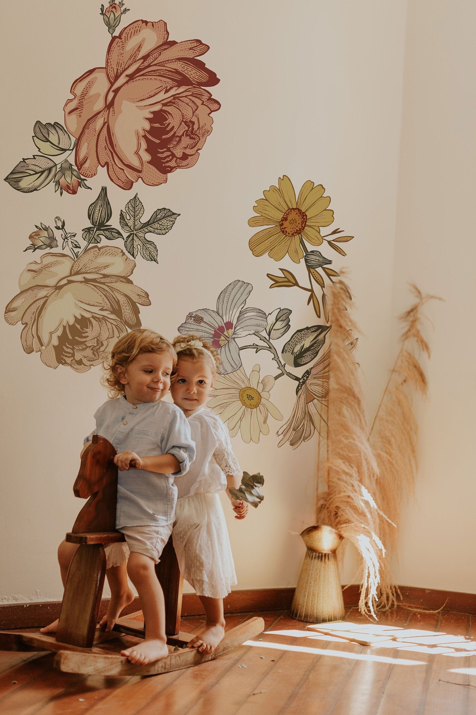 Soft Nursery Floral Wall Decal Wall Sticker for Kids Vintage Peony Flower
