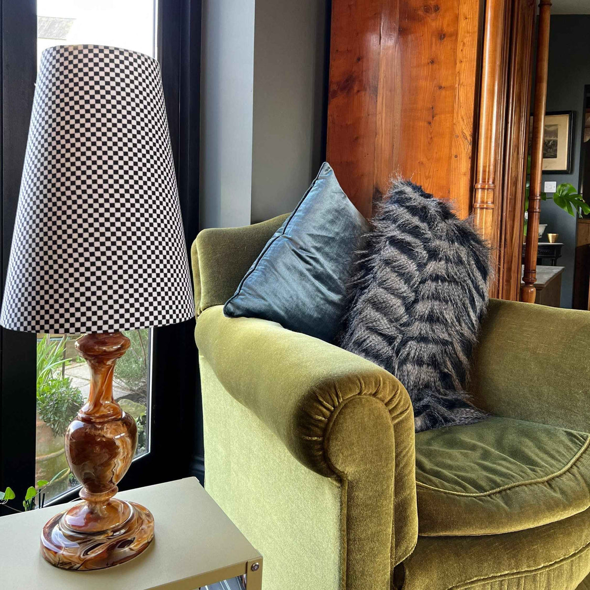 Checkerboard cotton cone lampshade, extra tall lampshade