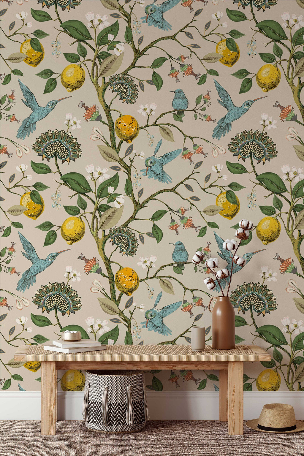 Lemon Grove Hummingbirds Peel and Stick Wallpaper - Removable Self-Adhesive for Nursery or Kitchen