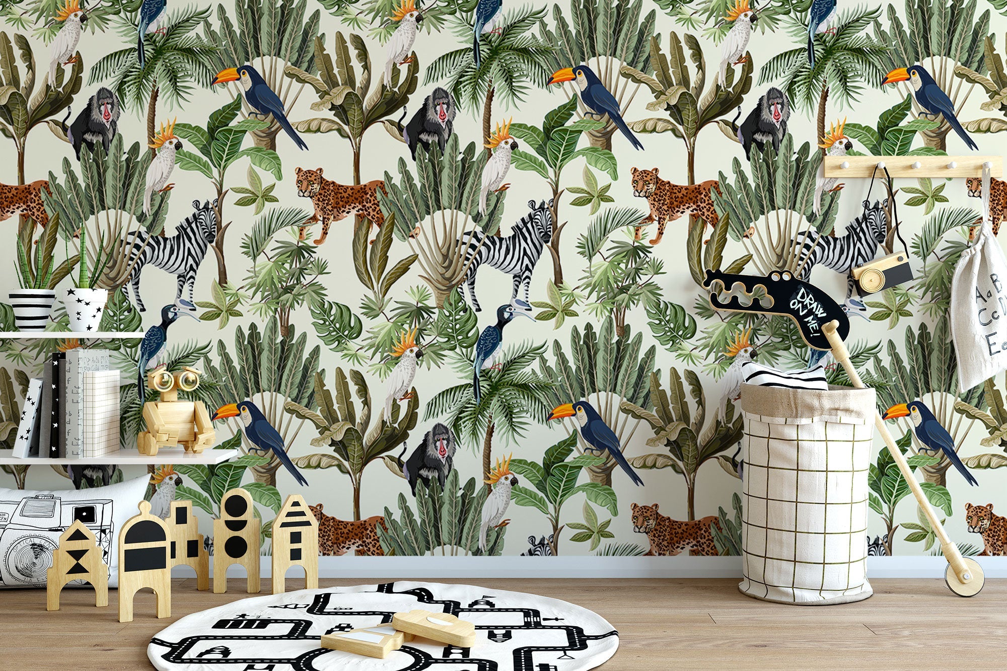 Playful Jungle Animals Watercolour Wallpaper for Nursery and Kids' Room Décor