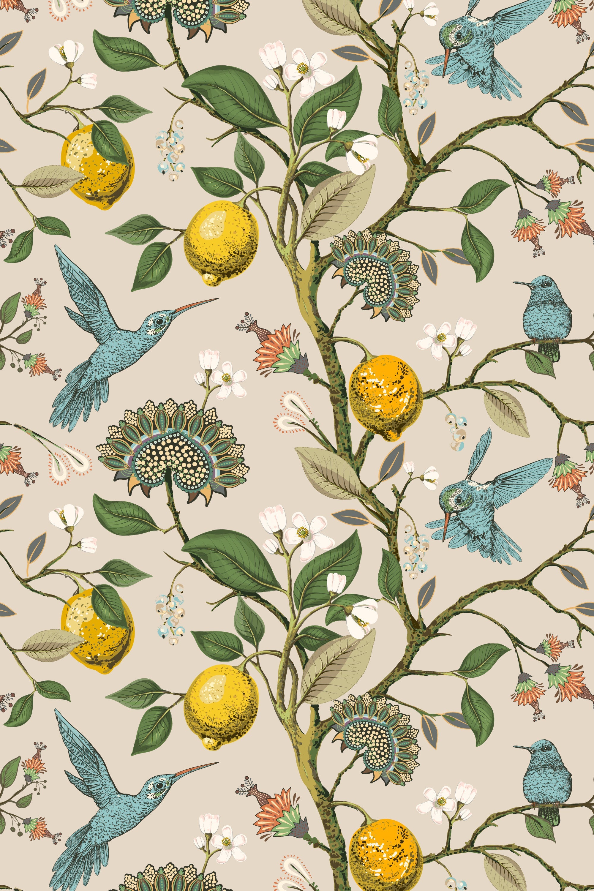 Lemon Grove Hummingbirds Peel and Stick Wallpaper - Removable Self-Adhesive for Nursery or Kitchen