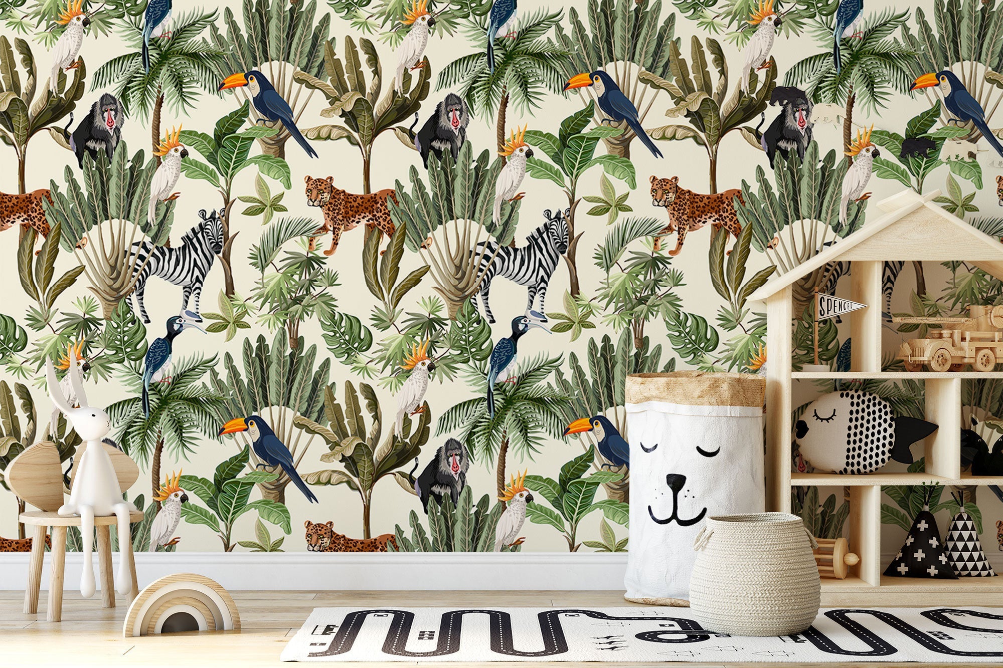 Playful Jungle Animals Watercolour Wallpaper for Nursery and Kids' Room Décor