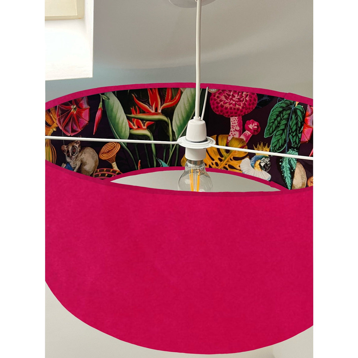 Cerise pink velvet drum lampshade/ ceiling light shade with wonderland paper interior
