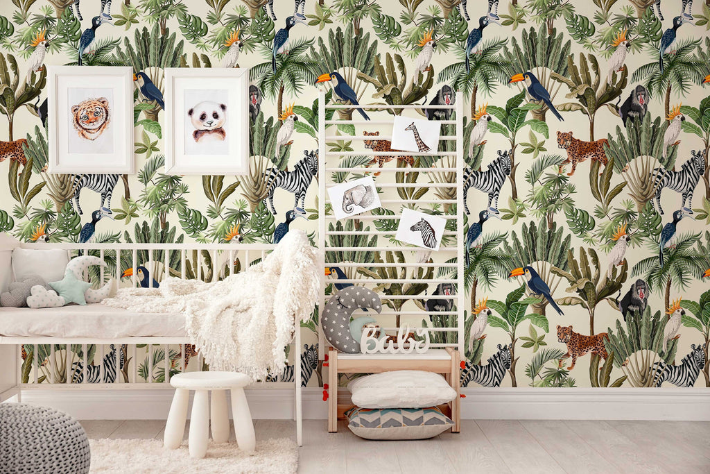 Playful Jungle Animals Watercolour Wallpaper for Nursery and Kids' Room Décor