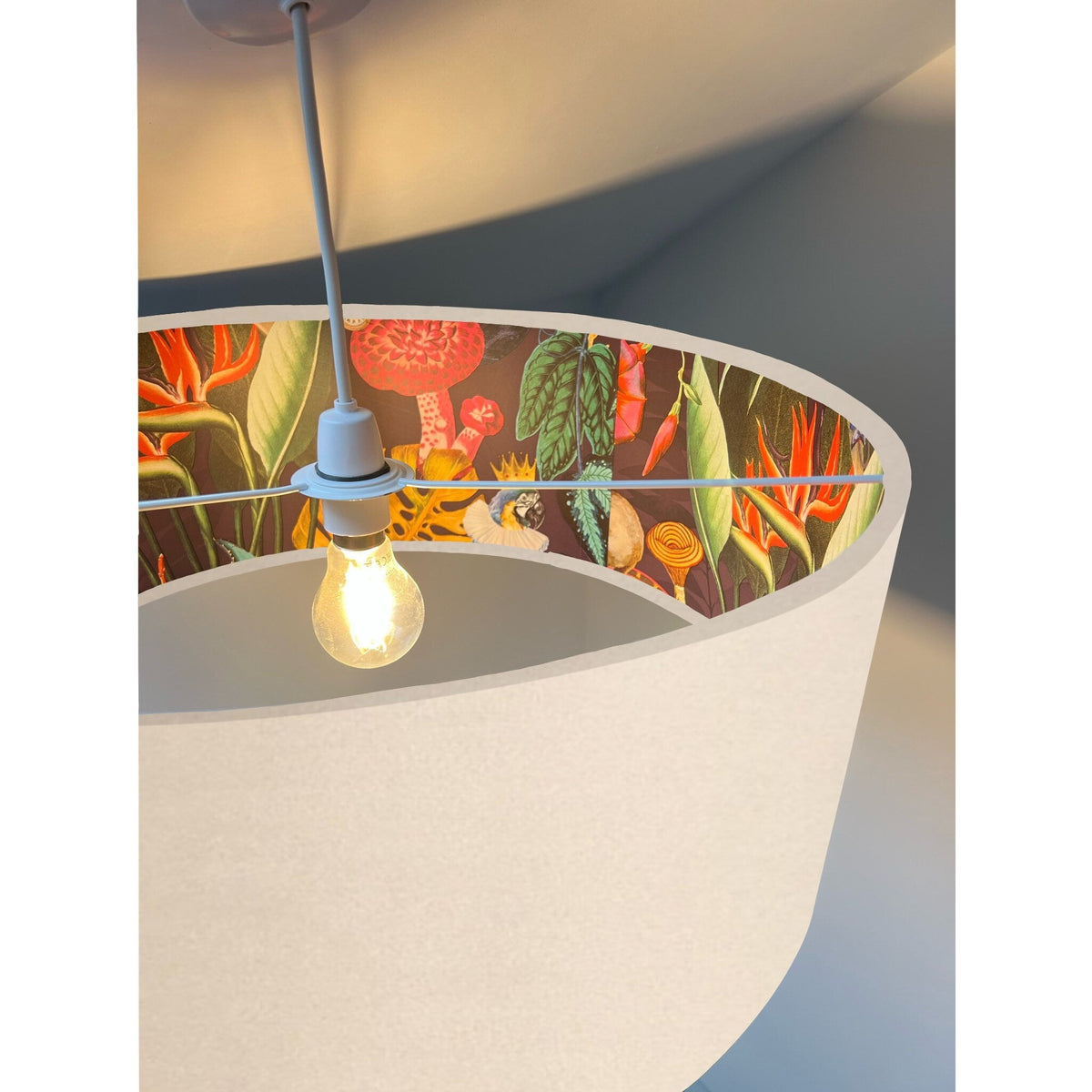 Cream velvet drum lampshade/ ceiling light shade with wonderland paper interior