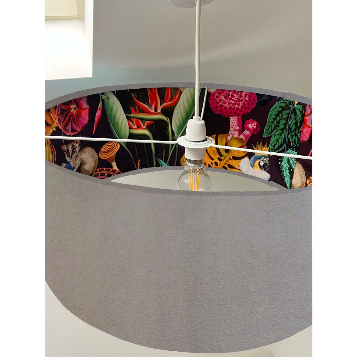 Grey velvet drum lampshade/ ceiling light shade with wonderland paper interior