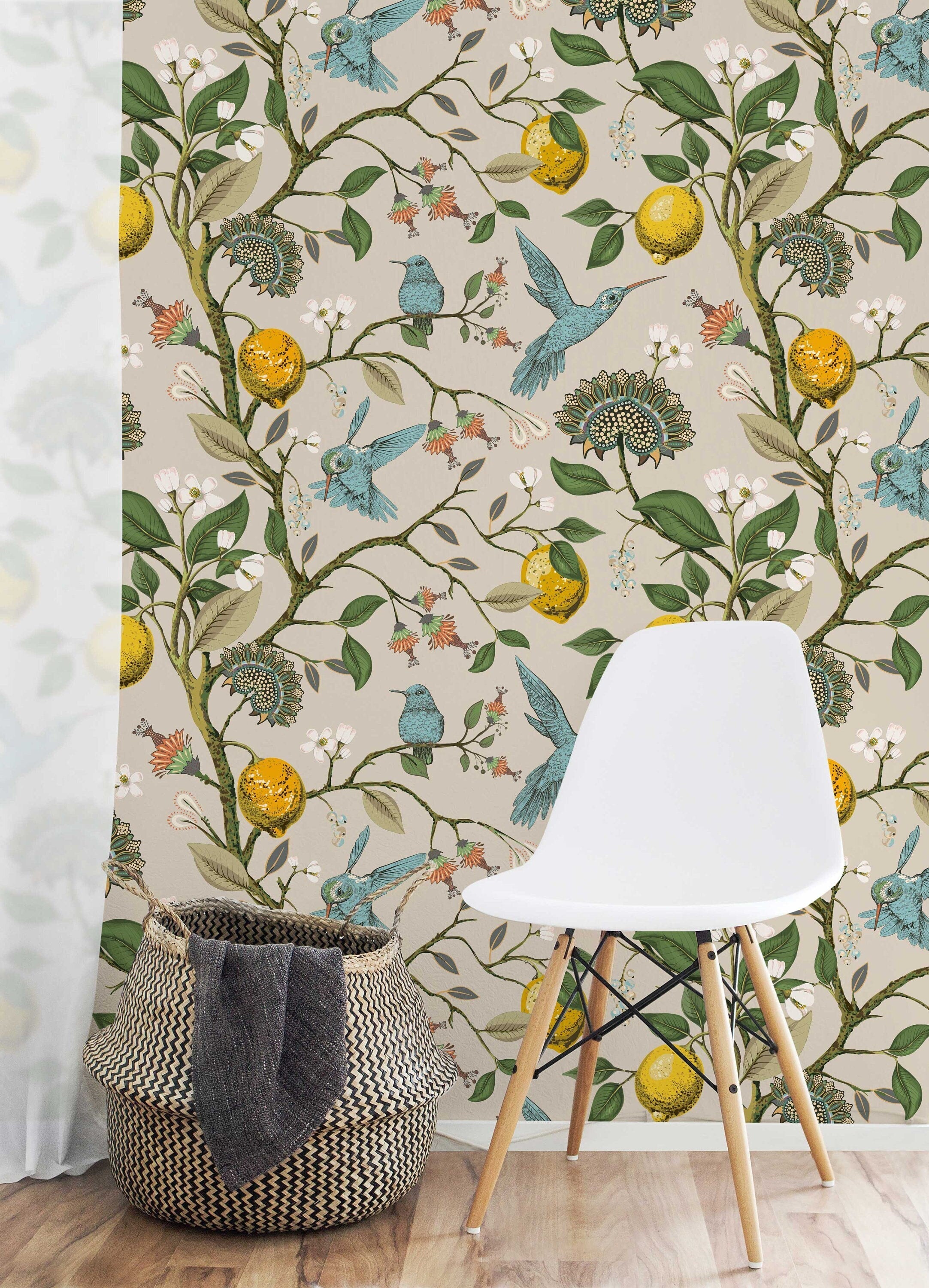Lemon Grove Hummingbirds Peel and Stick Wallpaper - Removable Self-Adhesive for Nursery or Kitchen