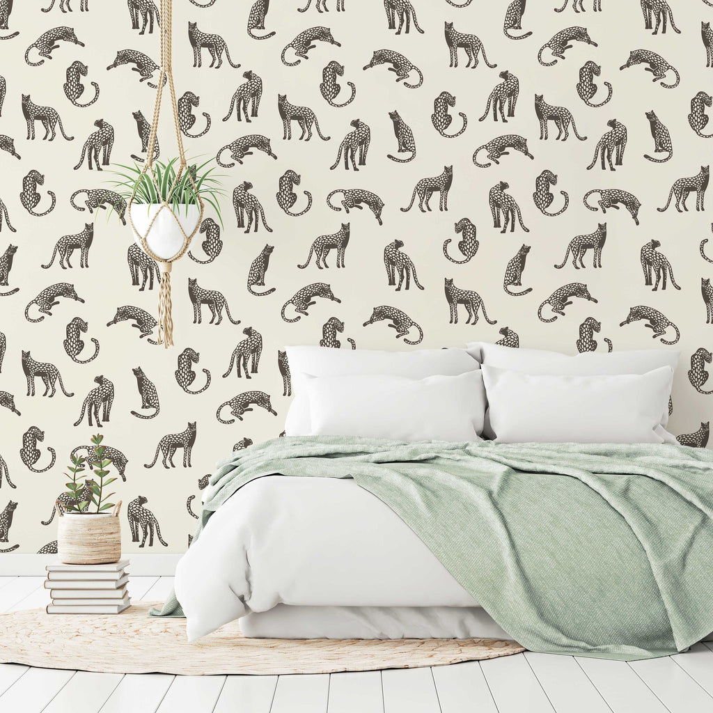 Leopards on Light Cream Background Removable Wallpaper | Self-Adhesive Fabric | Peel & Stick | Tropical Animal Wall Covering