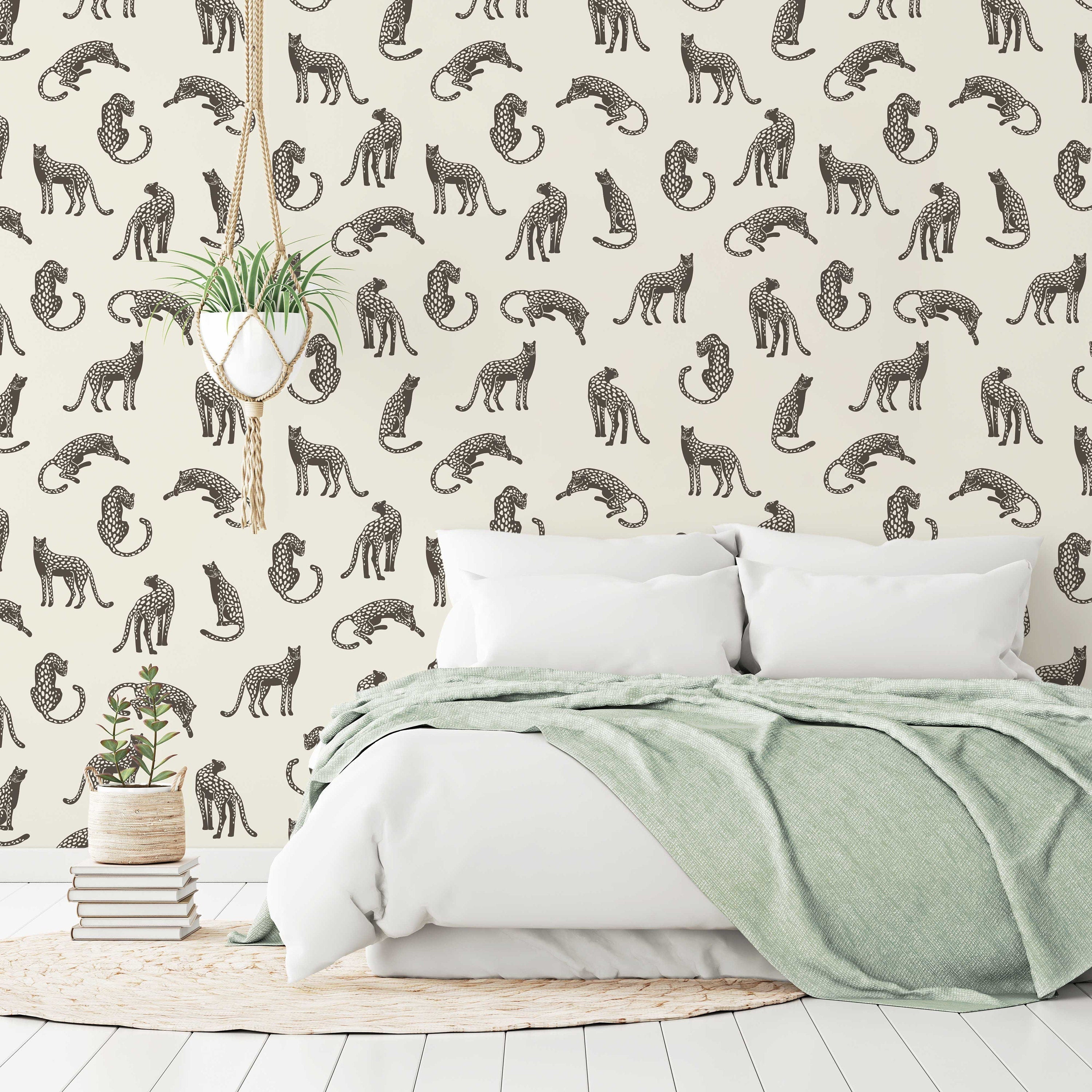 Leopards on Light Cream Background Removable Wallpaper | Self-Adhesive Fabric | Peel & Stick | Tropical Animal Wall Covering