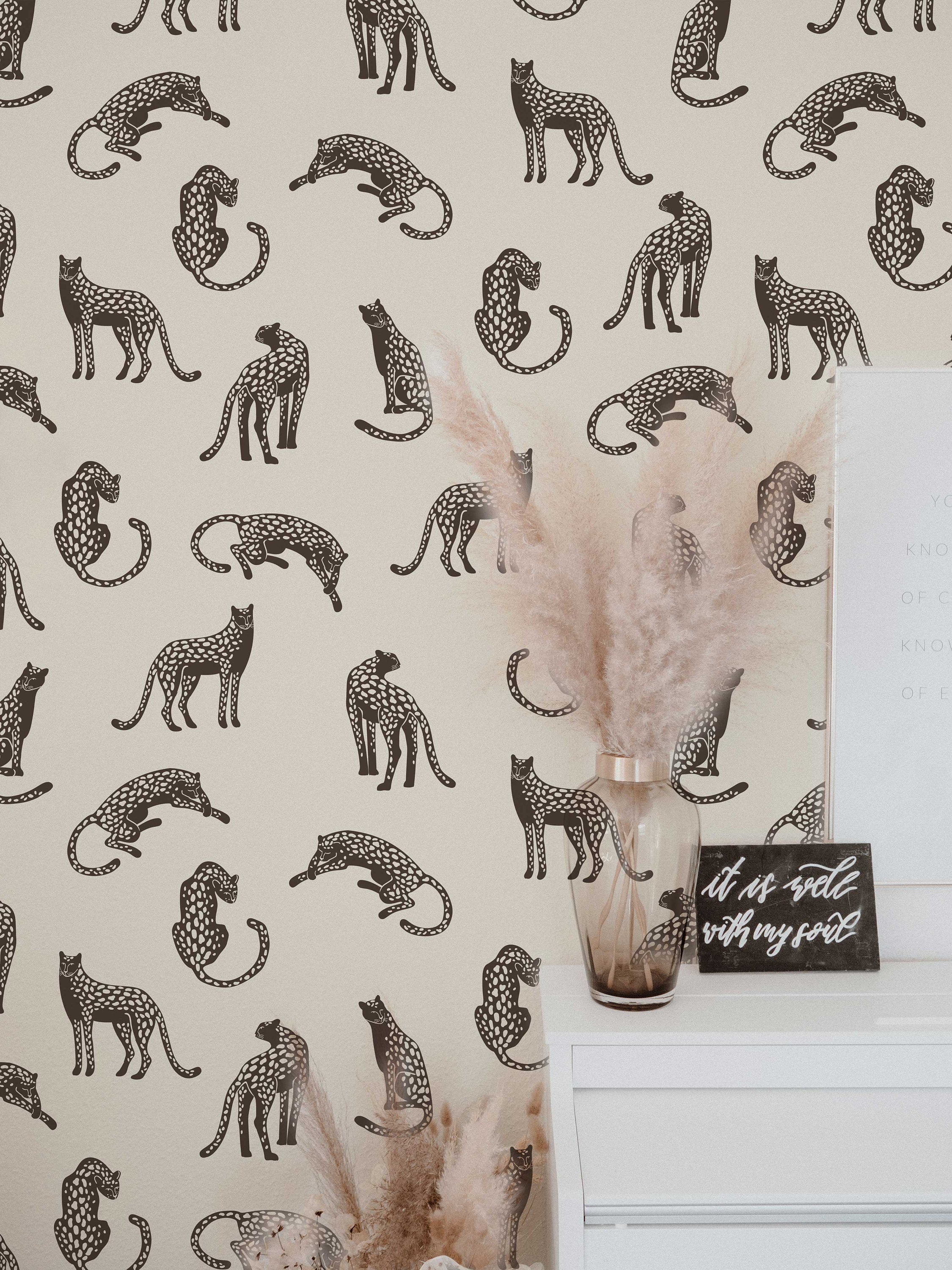 Leopards on Light Cream Background Removable Wallpaper | Self-Adhesive Fabric | Peel & Stick | Tropical Animal Wall Covering