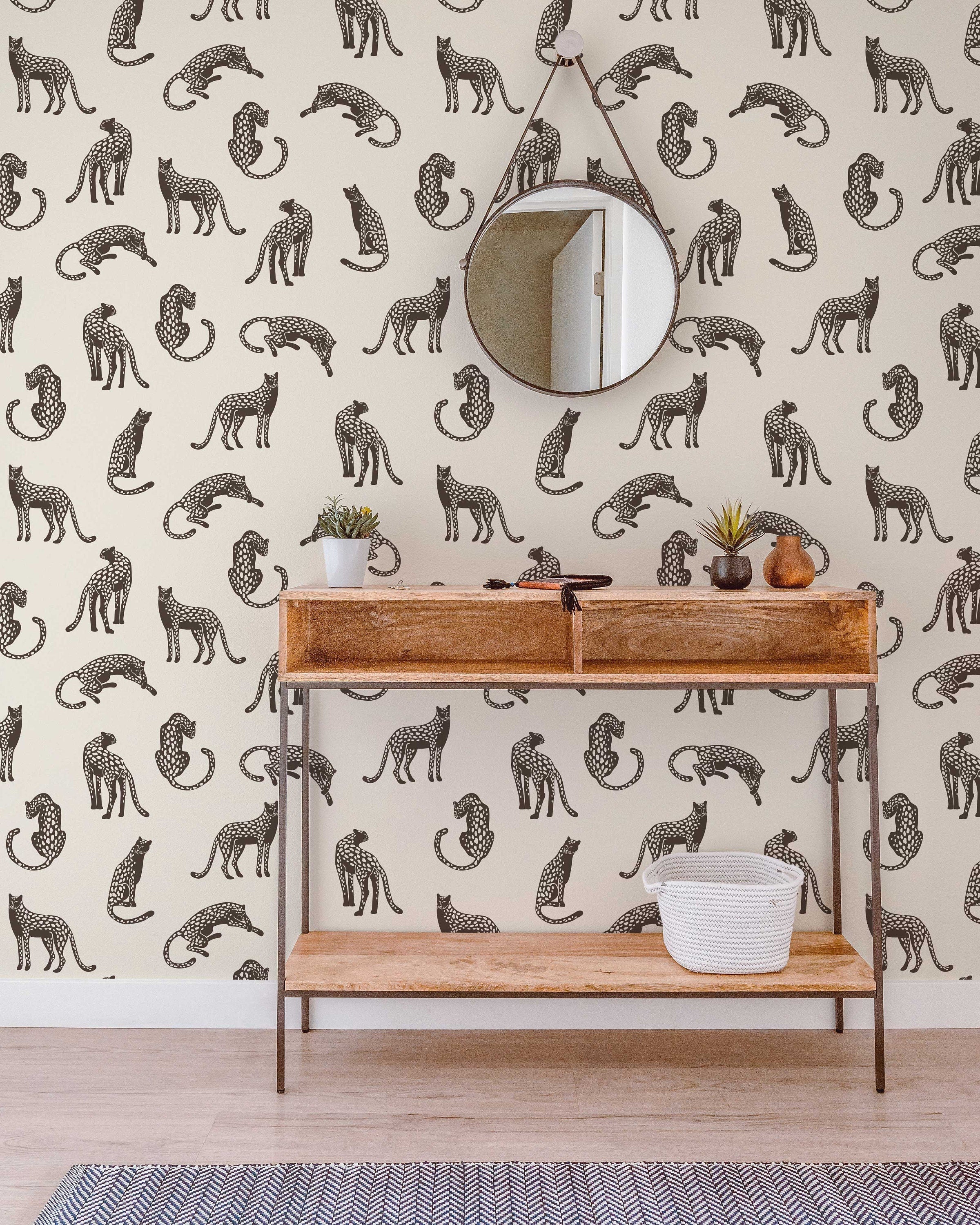 Leopards on Light Cream Background Removable Wallpaper | Self-Adhesive Fabric | Peel & Stick | Tropical Animal Wall Covering