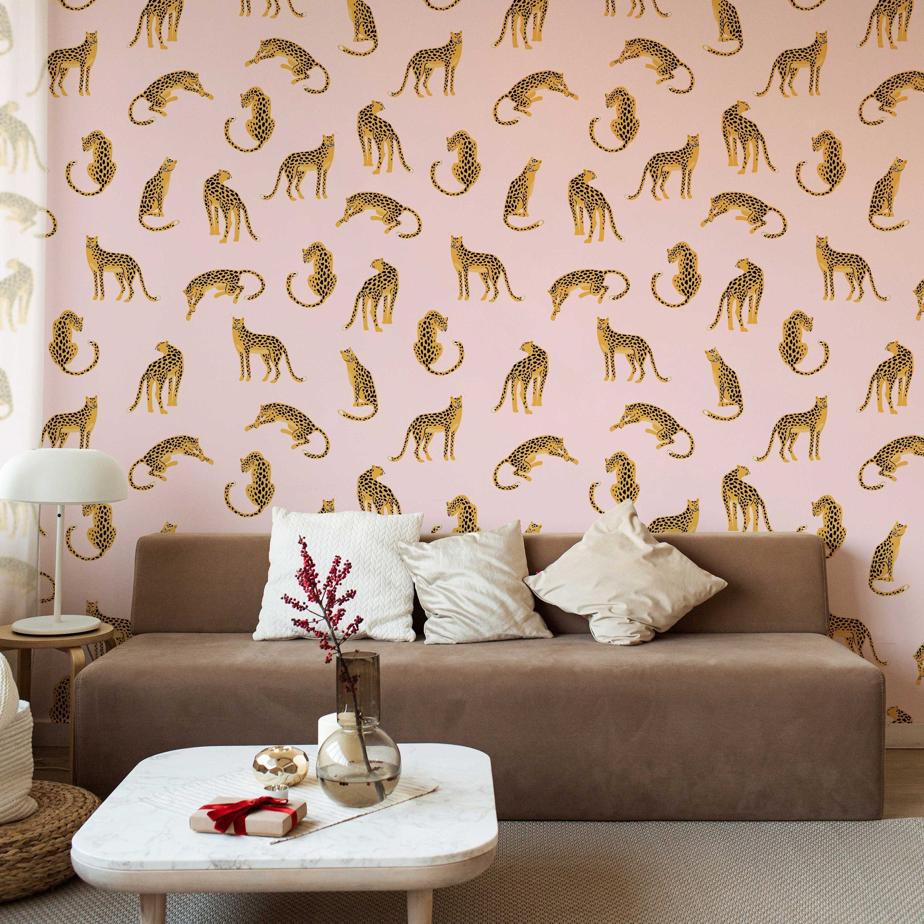 Leopards on Pink Background Removable Wallpaper | Self-Adhesive Fabric | Peel & Stick | Tropical Animal Wall Covering