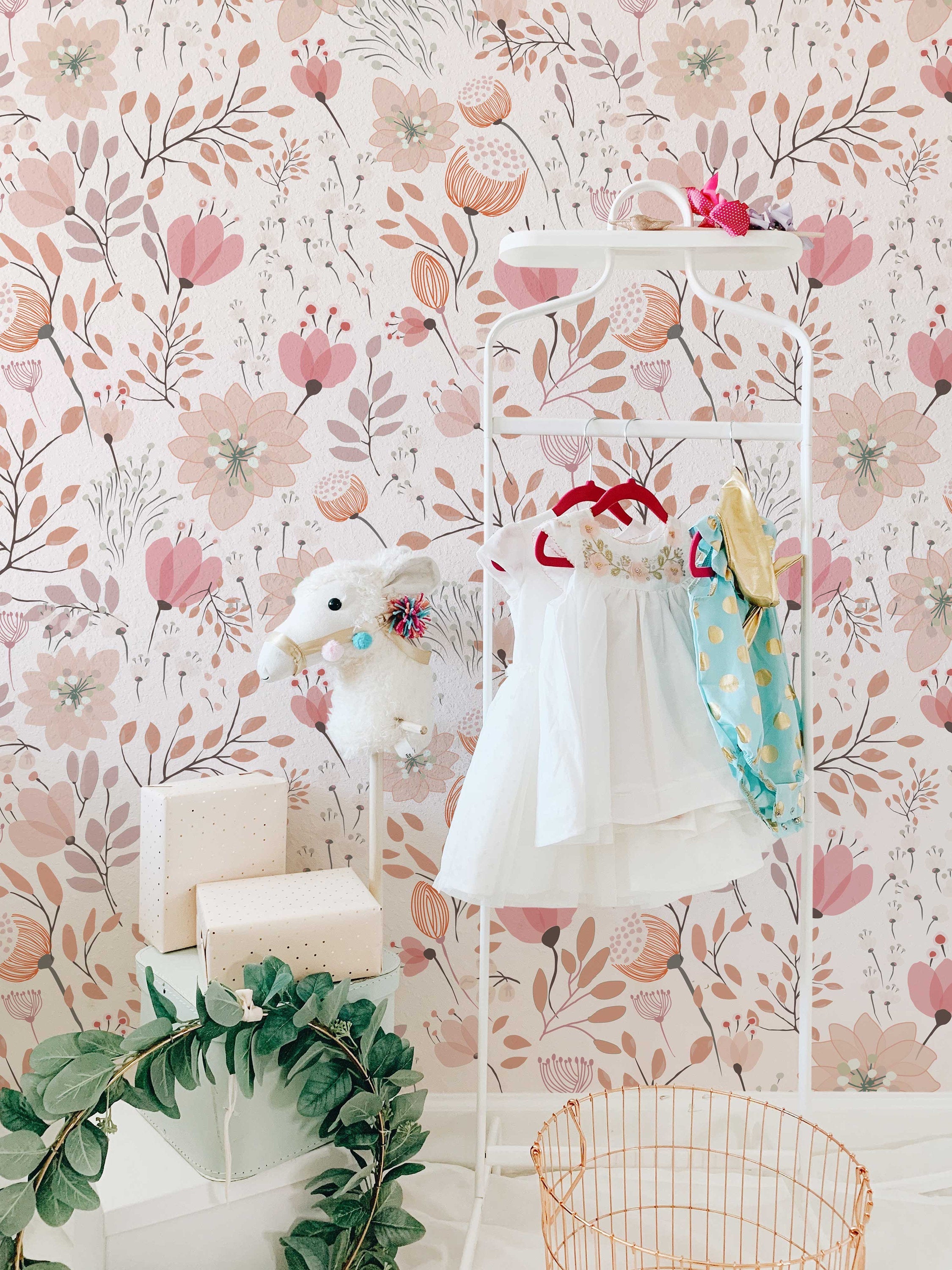 Nursery Floral Wallpaper Peel and Stick Kids Soft Garden Flowers Wall Mural