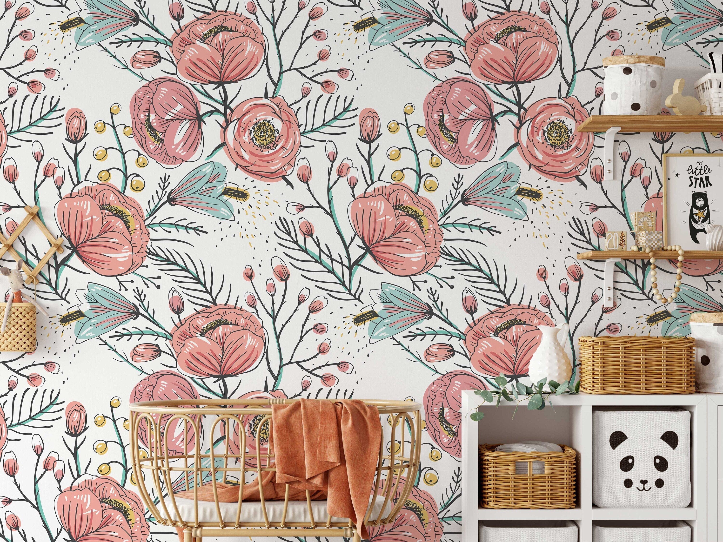 Anemone Fall Peel And Stick Wallpaper, Floral Wall Mural, Poppy Flowers Removable Wallpaper, Pink Wall Covering