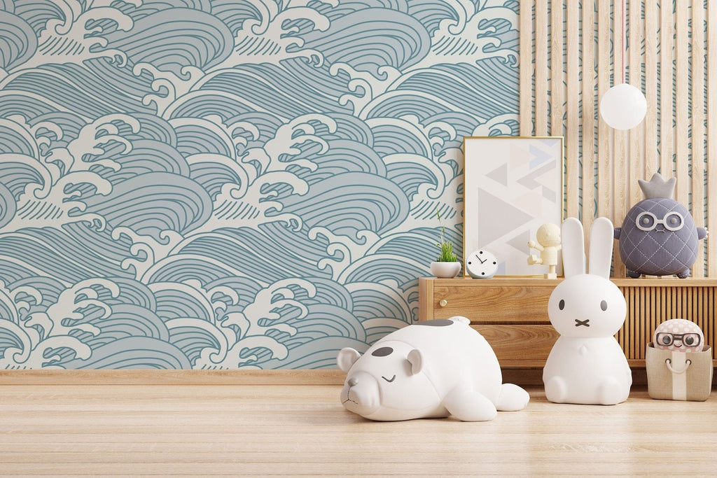 Chinese Waves Self Adhesive Wallpaper | Removable Blue-Gray Mural | Eco Friendly Design
