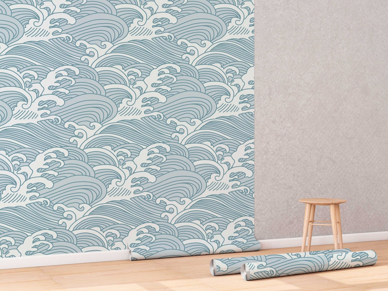 Chinese Waves Self Adhesive Wallpaper | Removable Blue-Gray Mural | Eco Friendly Design