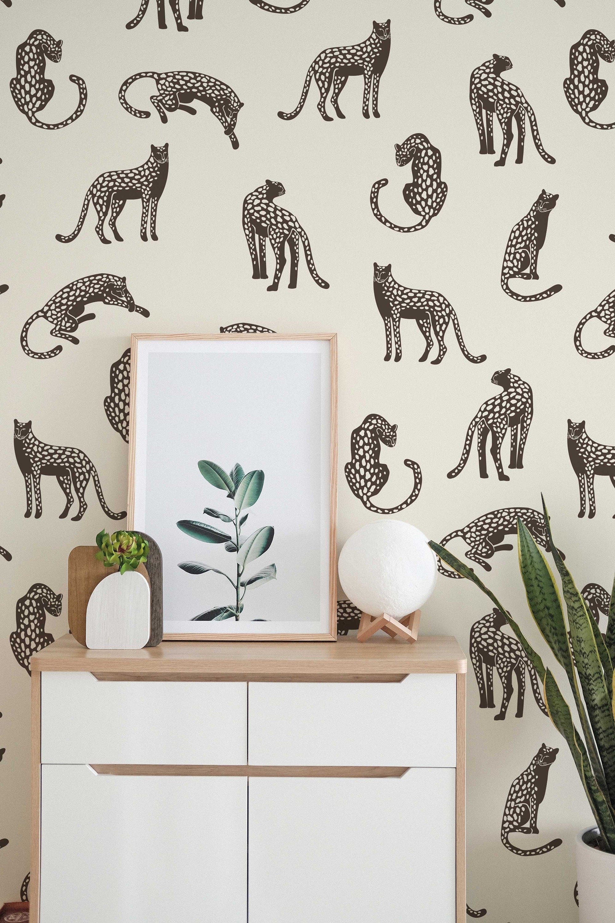 Leopards on Light Cream Background Removable Wallpaper | Self-Adhesive Fabric | Peel & Stick | Tropical Animal Wall Covering