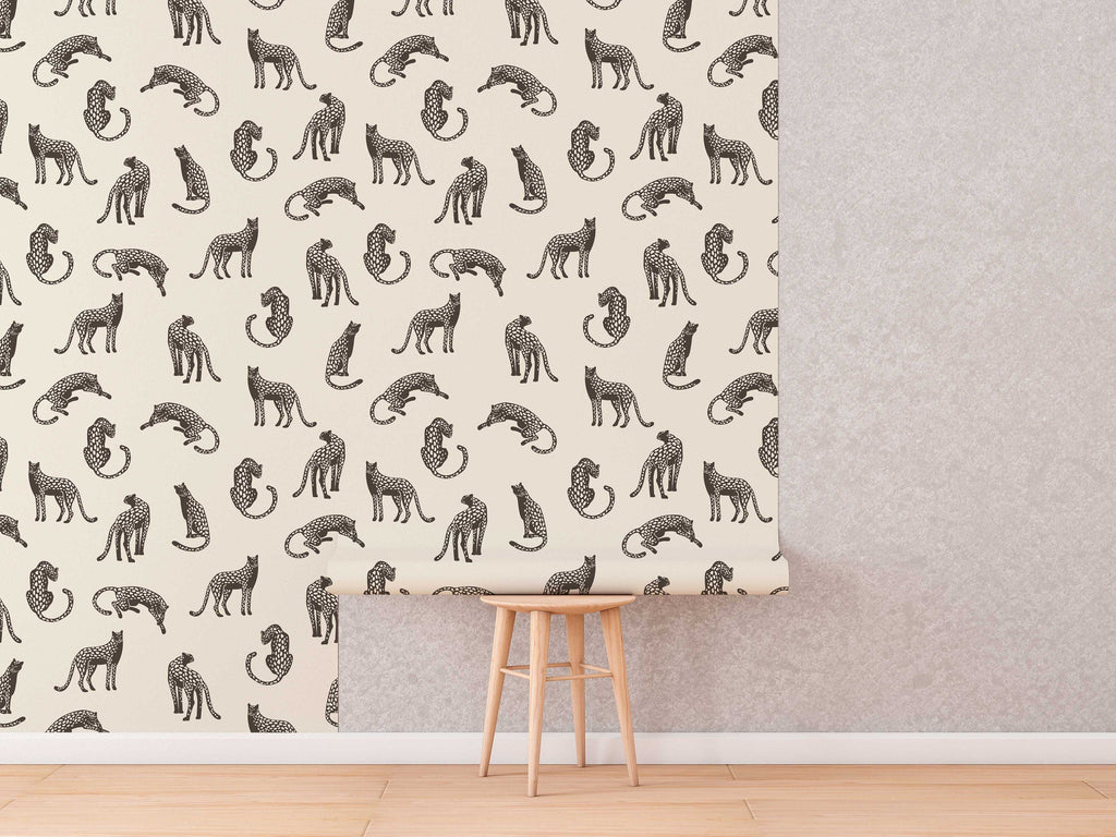 Leopards on Light Cream Background Removable Wallpaper | Self-Adhesive Fabric | Peel & Stick | Tropical Animal Wall Covering