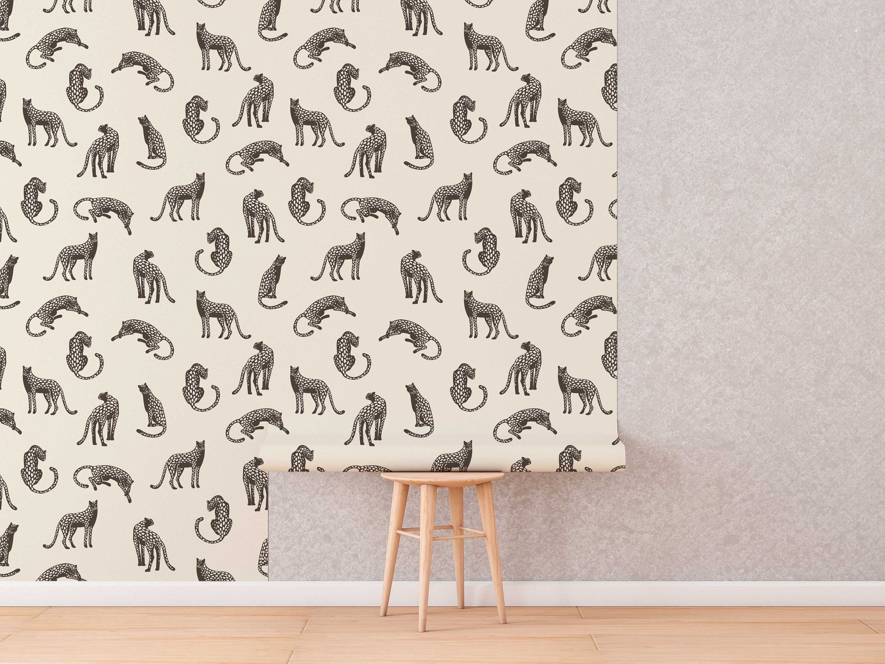Leopards on Light Cream Background Removable Wallpaper | Self-Adhesive Fabric | Peel & Stick | Tropical Animal Wall Covering