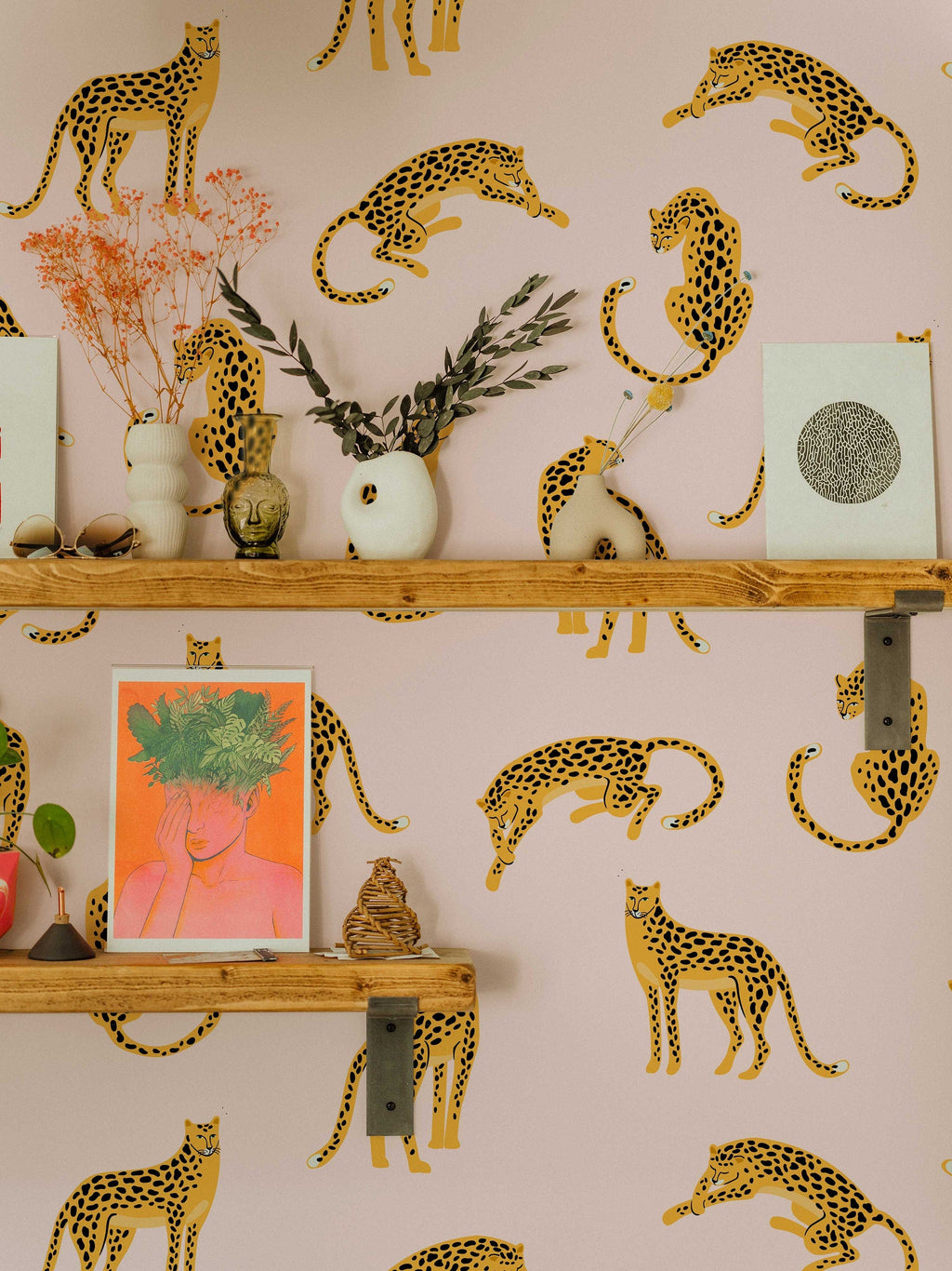 Leopards on Pink Background Removable Wallpaper | Self-Adhesive Fabric | Peel & Stick | Tropical Animal Wall Covering
