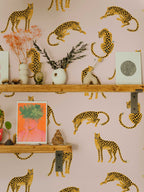 Leopards on Pink Background Removable Wallpaper | Self-Adhesive Fabric | Peel & Stick | Tropical Animal Wall Covering