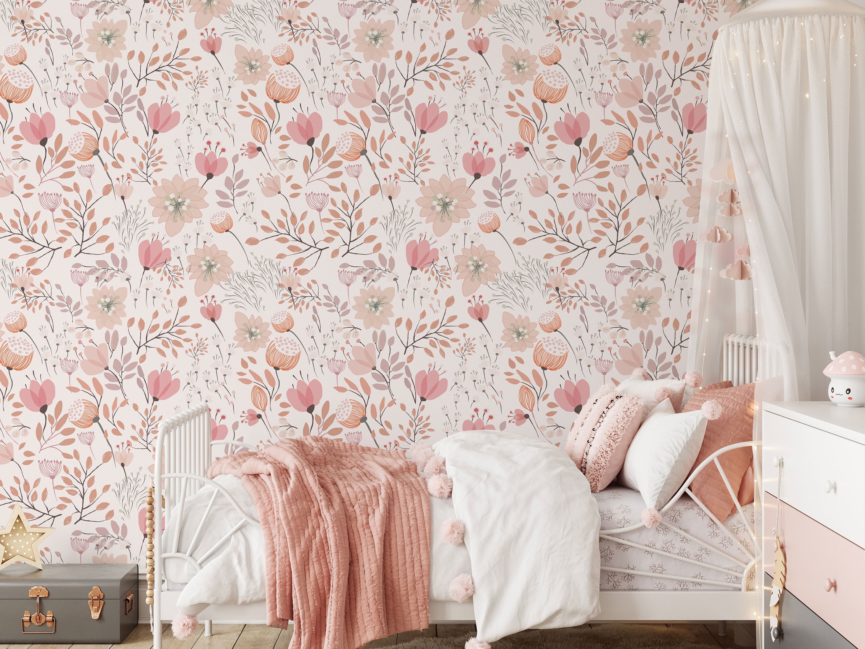 Nursery Floral Wallpaper Peel and Stick Kids Soft Garden Flowers Wall Mural
