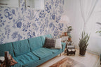 Blue Peach Botanical Wallpaper | Removable Peel and Stick | Custom Roll | Self Adhesive | Country Style Decor