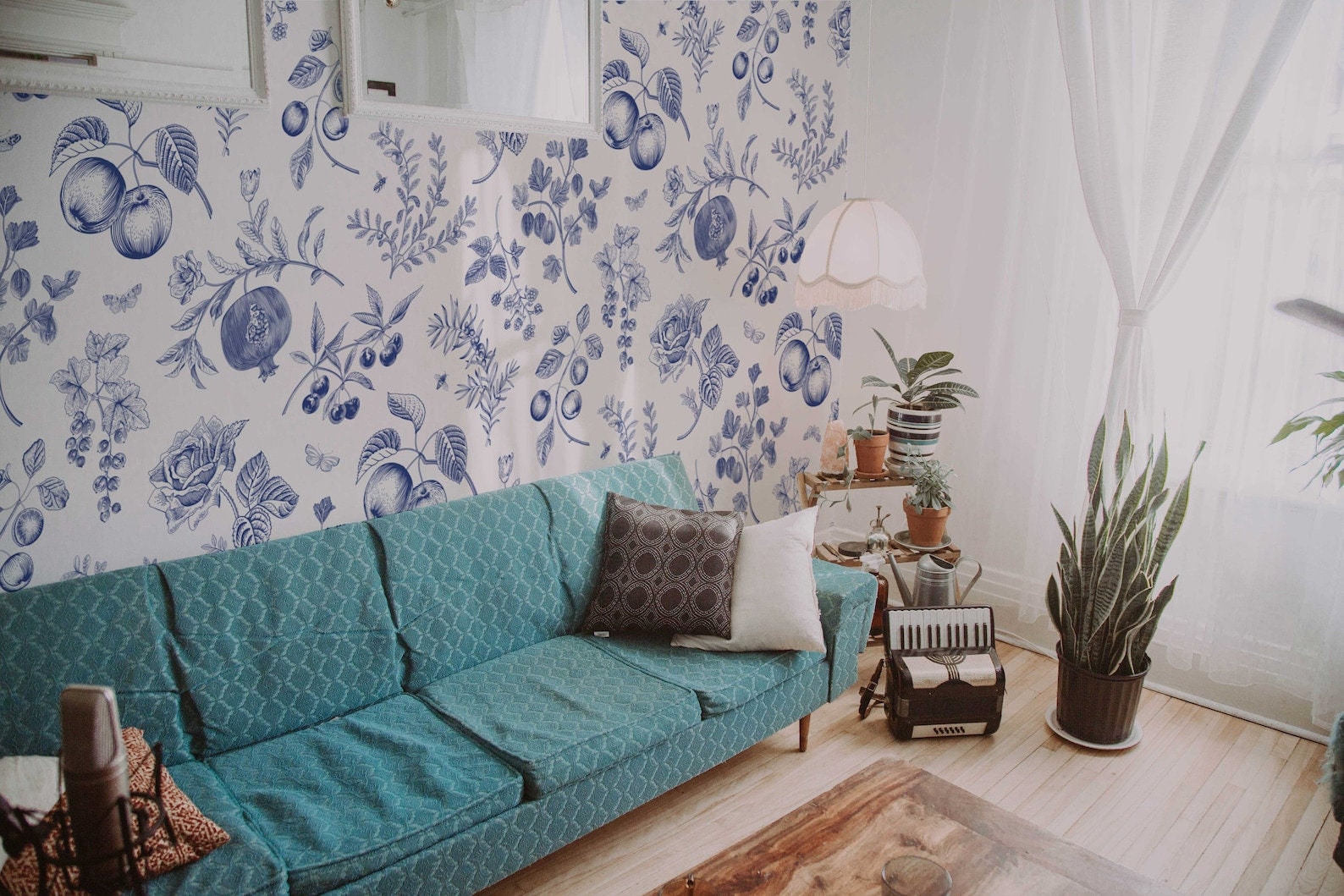 Blue Peach Botanical Wallpaper | Removable Peel and Stick | Custom Roll | Self Adhesive | Country Style Decor