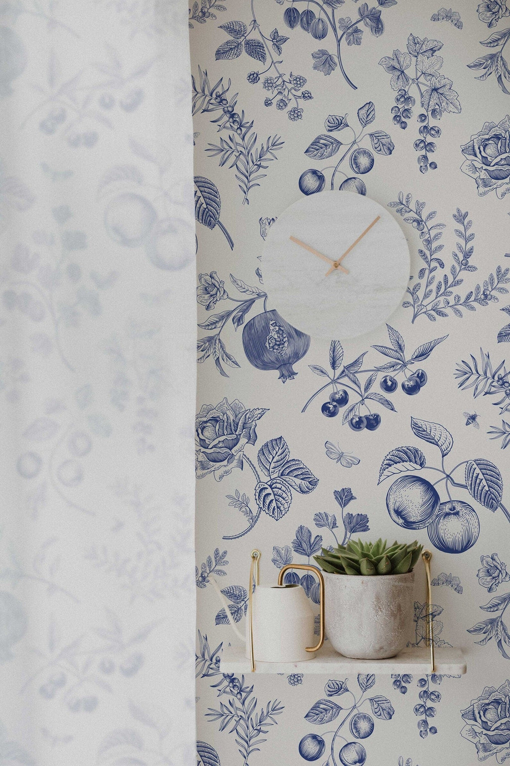 Blue Peach Botanical Wallpaper | Removable Peel and Stick | Custom Roll | Self Adhesive | Country Style Decor