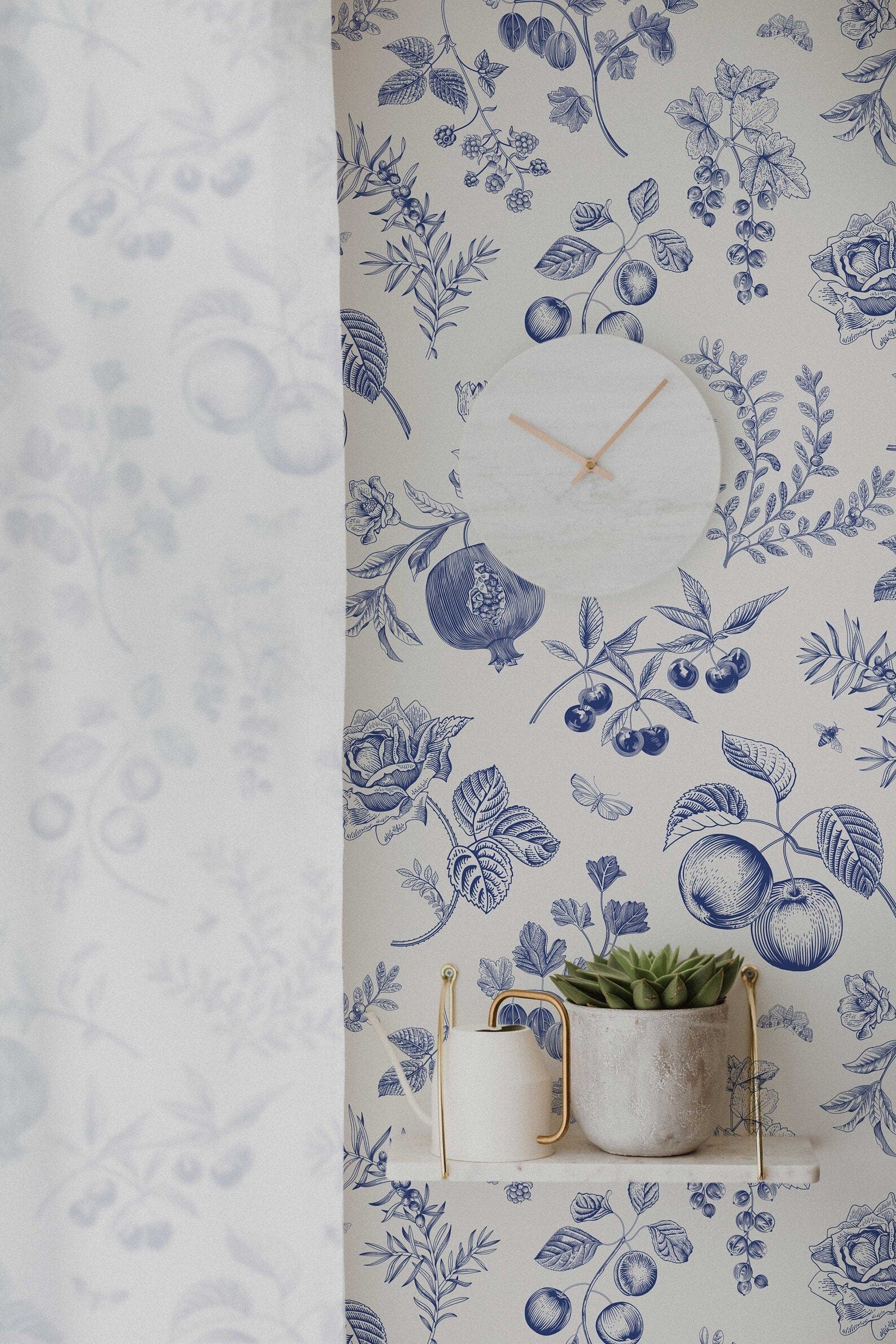 Blue Peach Botanical Wallpaper | Removable Peel and Stick | Custom Roll | Self Adhesive | Country Style Decor