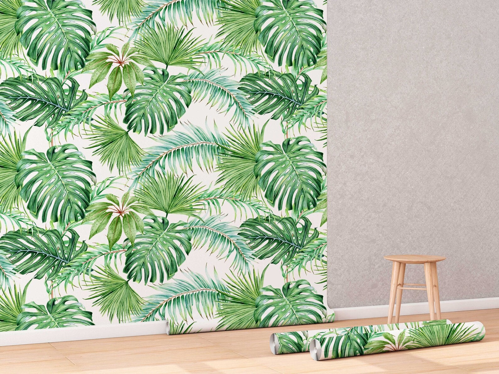 Tropical Leaves Peel and Stick Wallpaper | Removable Monstera Palms Mural | Eco Friendly Wall Decor