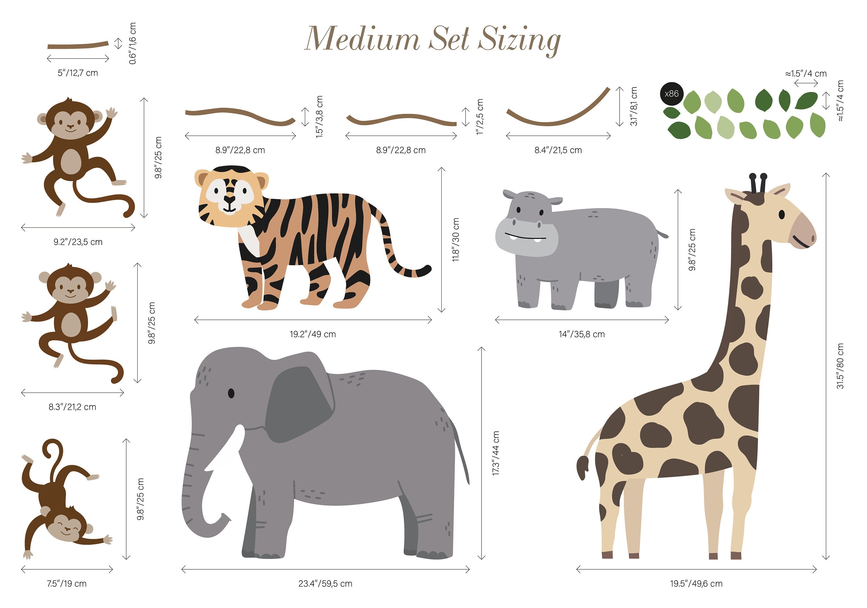 Large Safari Animals and Monkey Wall Decals, Jungle Animal Wall Stickers, Nursery Wall Decals, Repositionable Jungle Wall Decals Style 2