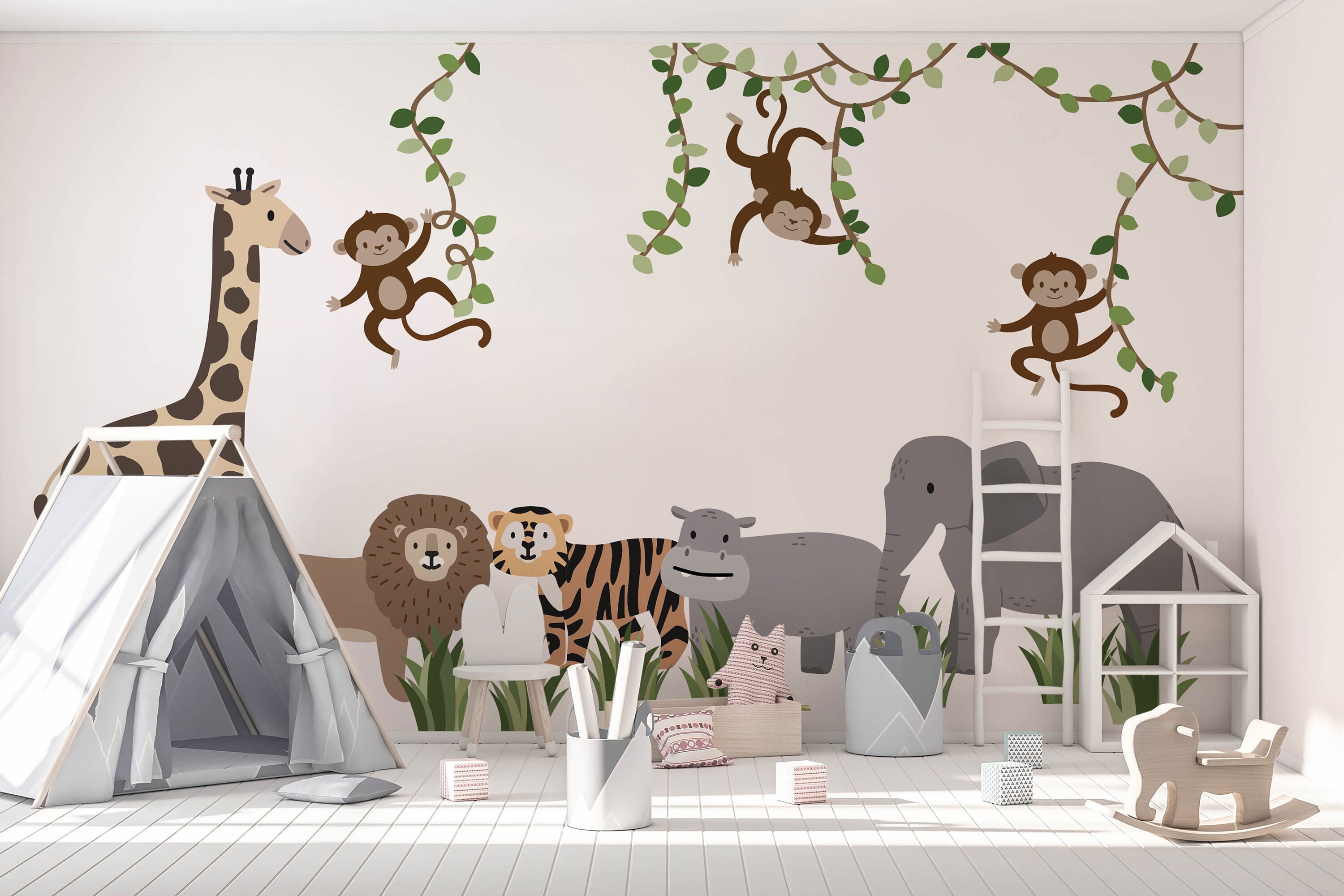 Large Safari Animals and Monkey Wall Decals, Jungle Animal Wall Stickers, Nursery Wall Decals, Repositionable Jungle Wall Decals Style 2