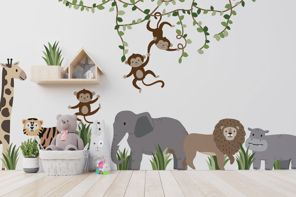 Large Safari Animals and Monkey Wall Decals, Jungle Animal Wall Stickers, Nursery Wall Decals, Repositionable Jungle Wall Decals Style 2