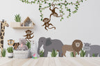 Large Safari Animals and Monkey Wall Decals, Jungle Animal Wall Stickers, Nursery Wall Decals, Repositionable Jungle Wall Decals Style 2