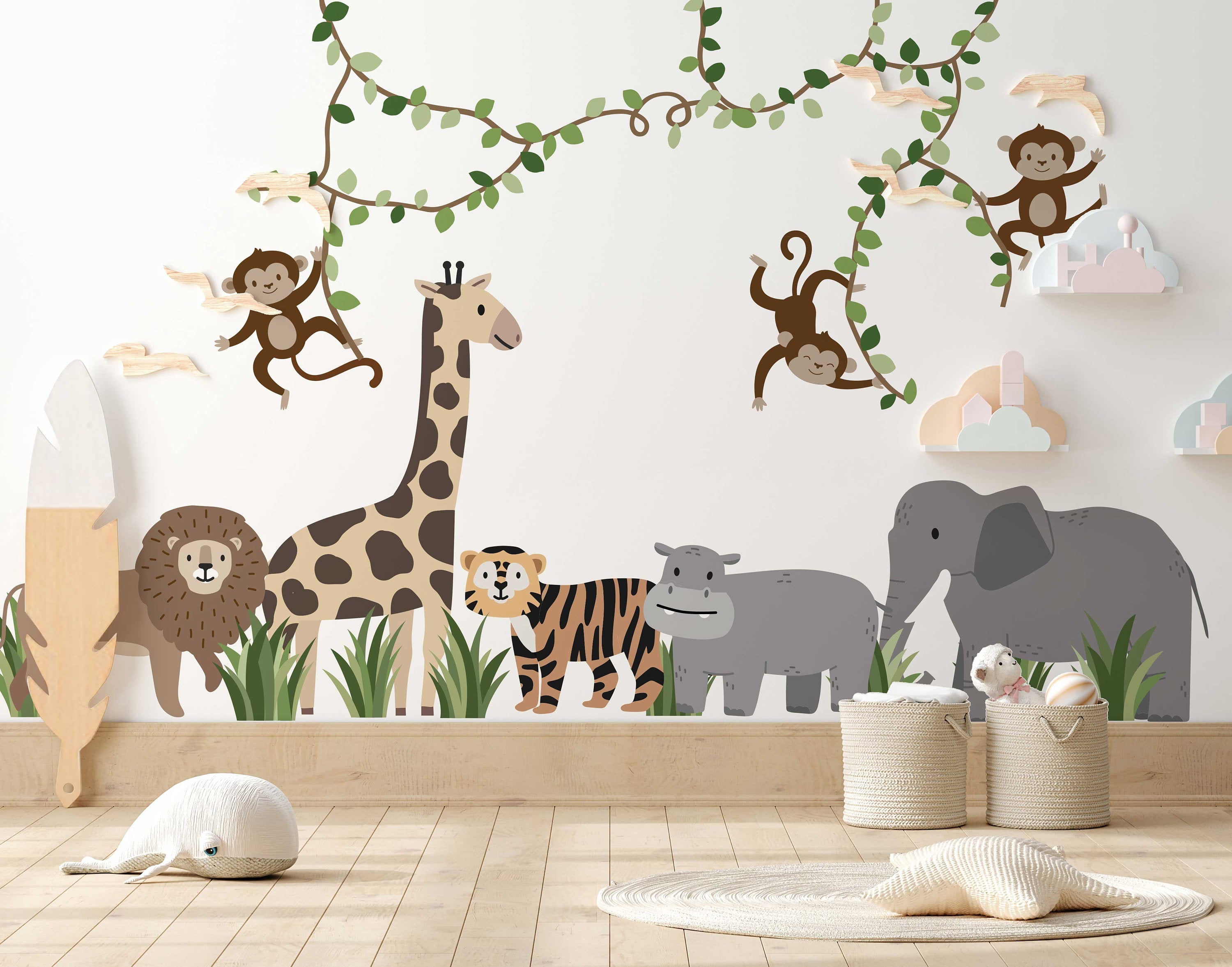 Large Safari Animals and Monkey Wall Decals, Jungle Animal Wall Stickers, Nursery Wall Decals, Repositionable Jungle Wall Decals Style 2
