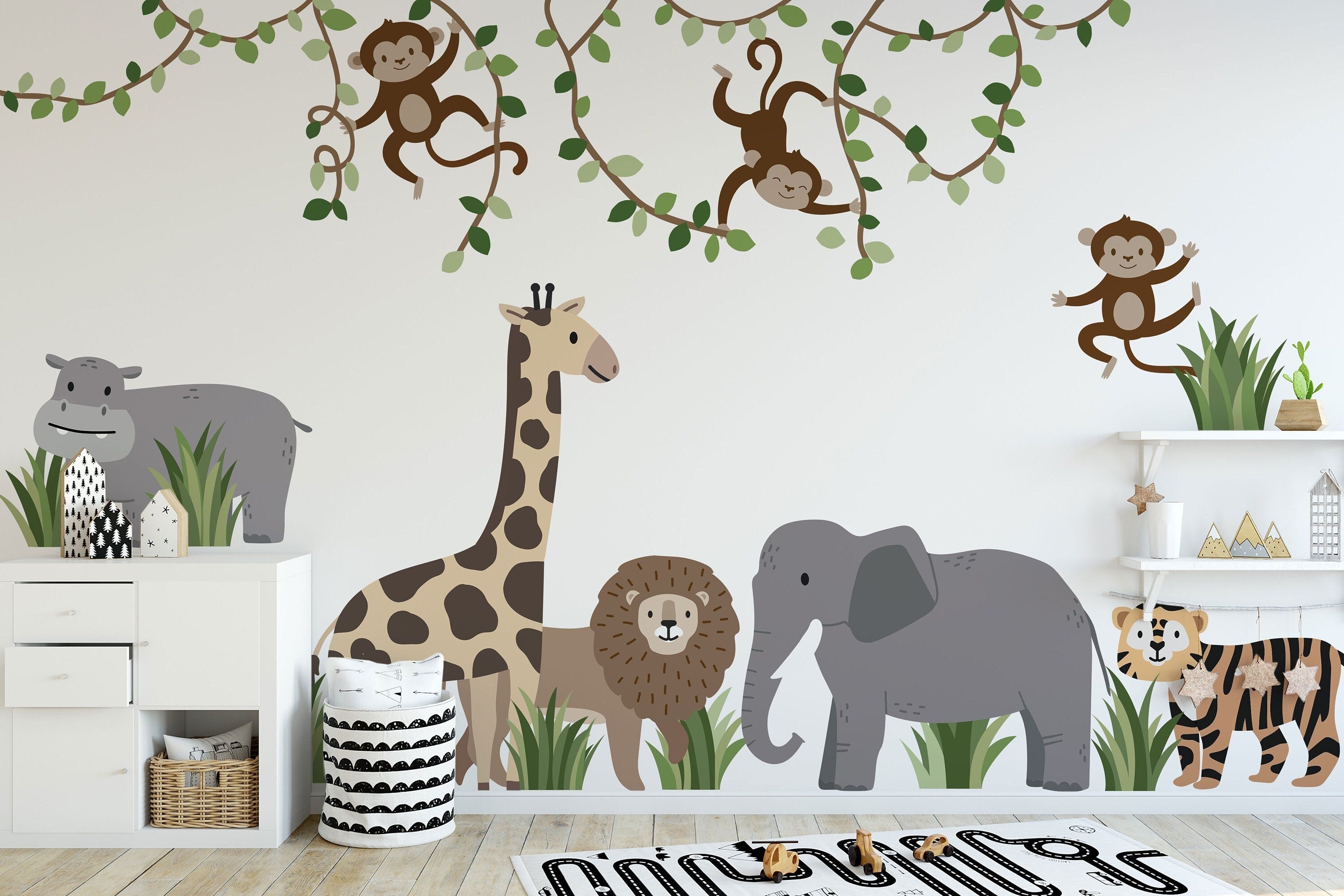 Large Safari Animals and Monkey Wall Decals, Jungle Animal Wall Stickers, Nursery Wall Decals, Repositionable Jungle Wall Decals Style 2