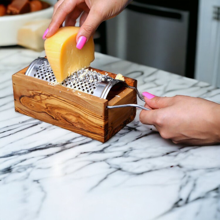 Olive Wood Cheese Grater Box Set | Stainless Steel Hand Shredder with Catcher