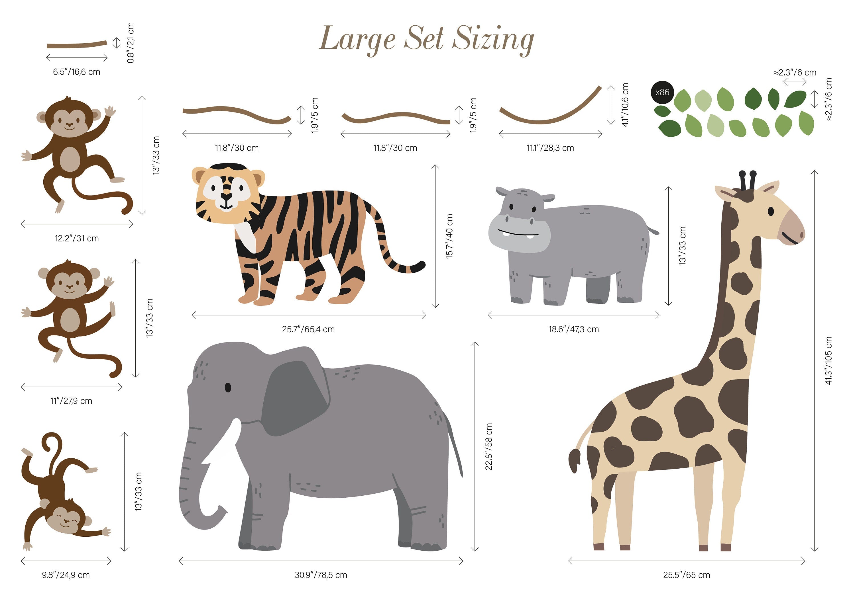 Large Safari Animals and Monkey Wall Decals, Jungle Animal Wall Stickers, Nursery Wall Decals, Repositionable Jungle Wall Decals Style 2
