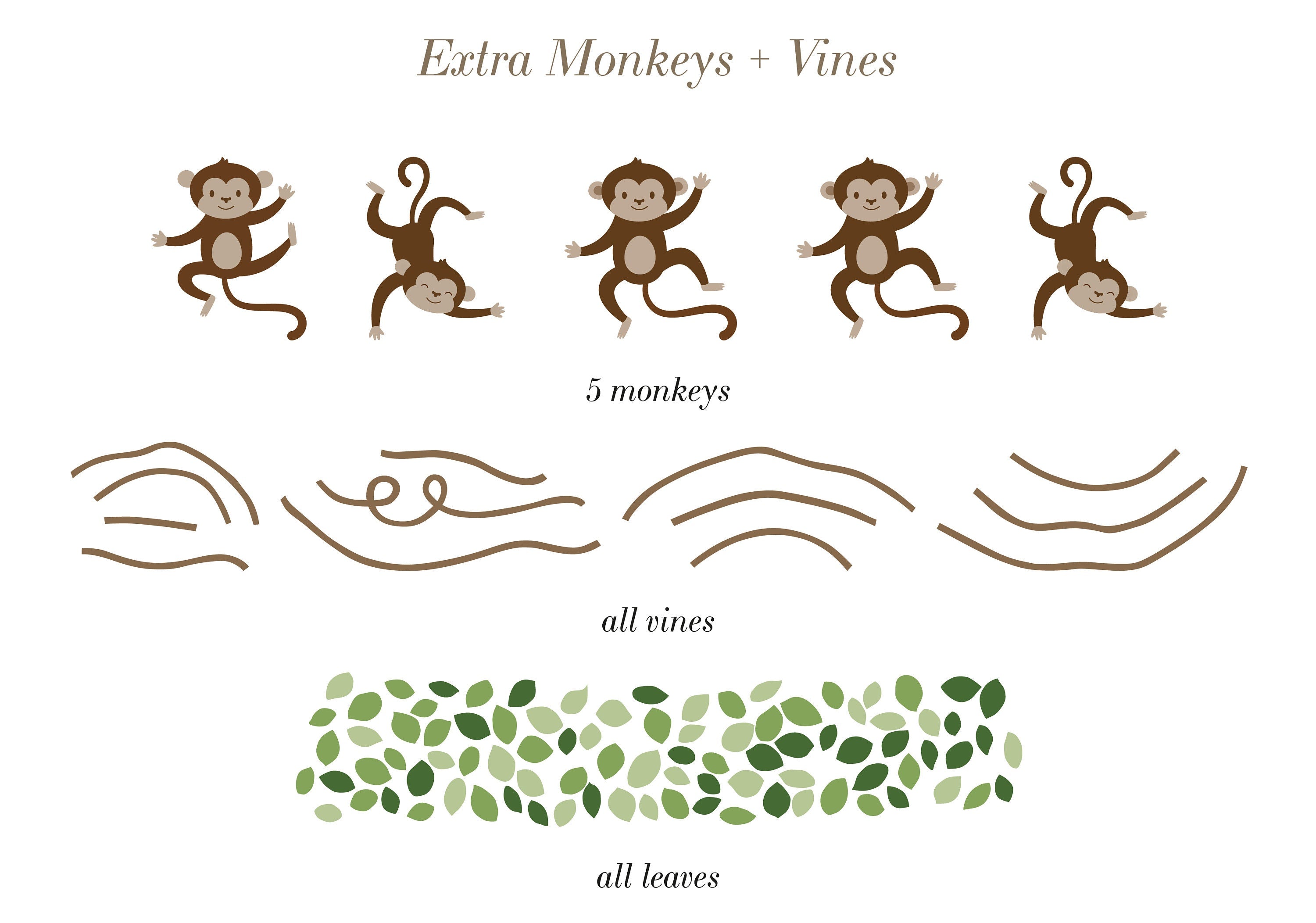 Large Safari Animals and Monkey Wall Decals, Jungle Animal Wall Stickers, Nursery Wall Decals, Repositionable Jungle Wall Decals Style 2