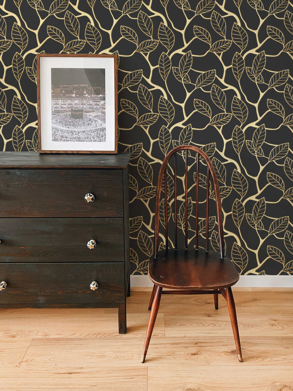 3D Gold Leaf Removable Wallpaper | Art Deco Wall Mural | Dark Art Deco Wall Decor