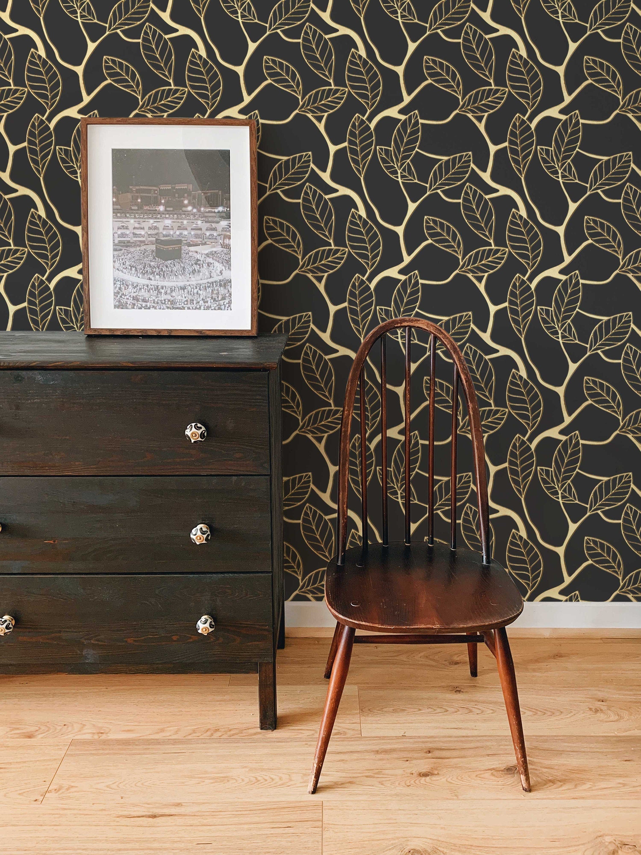 3D Gold Leaf Removable Wallpaper | Art Deco Wall Mural | Dark Art Deco Wall Decor