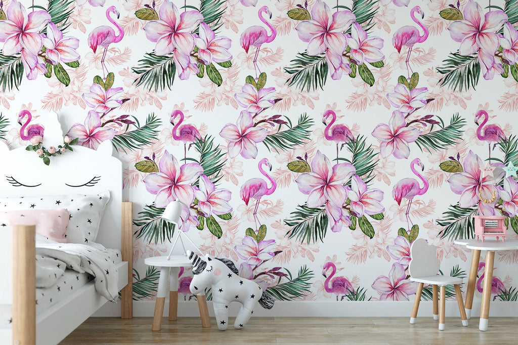 Pink Flamingo Floral Wallpaper | Pink Nursery Peel and Stick Removable Wallpaper | Baby Girl Blushing Pink Flamingo & Floral Décor