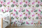 Pink Flamingo Floral Wallpaper | Pink Nursery Peel and Stick Removable Wallpaper | Baby Girl Blushing Pink Flamingo & Floral Décor